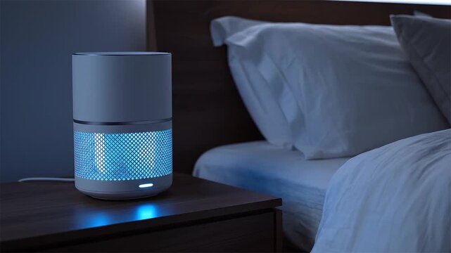 Modern air purifier with blue L E D light glowing on bedside table next to clean white bed and