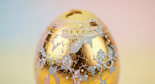 Closeup of a gold egg with intricate silver designs on colorful background