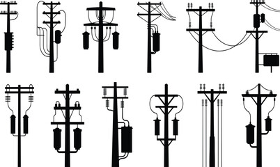 Obraz premium Set of Twelve Different Electrical Utility Poles and Power Distribution Towers Isolated on White Background for Design