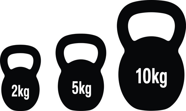 Set of Three Black Cast Iron Kettlebells Weighing 2kg, 5kg, and 10kg Isolated on White Background for Strength Training