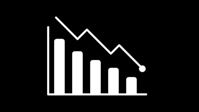 Down indicator arrow shows decline with falling bars, perfect for financial reports, business presentations, economic analysis, stock market trends.