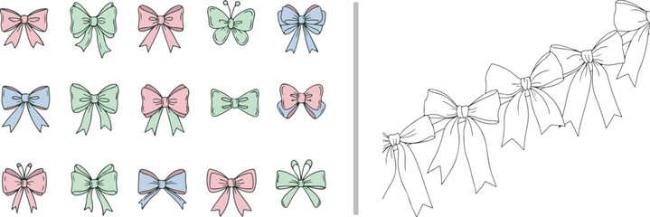 Obraz premium A charming vector set of pastel-colored bows and butterfly knots in pink, green, and blue, paired with a dynamic black and white line-art bow garland.