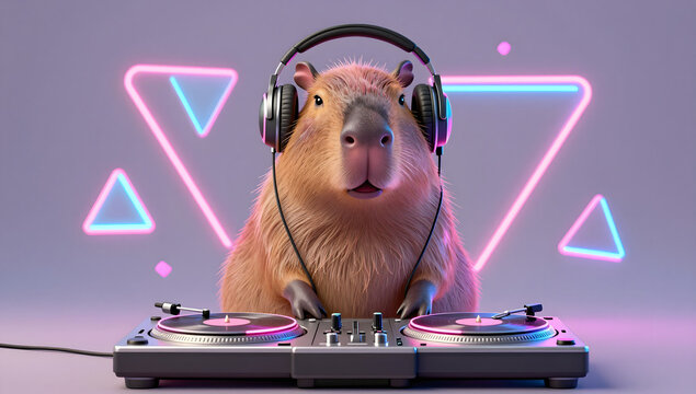 Capybara DJ: A capybara, immersed in music, DJs with headphones in a studio with a vibrant, modern aesthetic.