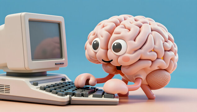 Brainy Bytes: An engaging illustration of a charming brain, animated and actively engaging with an antiquated computer system, hinting at the intersection of intellect and technology.