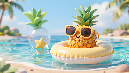Obraz premium Tropical Paradise Pineapple: Two charming pineapples enjoy a relaxing day at a sun-kissed beach, one sporting sunglasses and floating in a yellow tube
