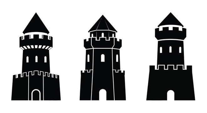 Three dark castles stand prominently against a white background silhouette