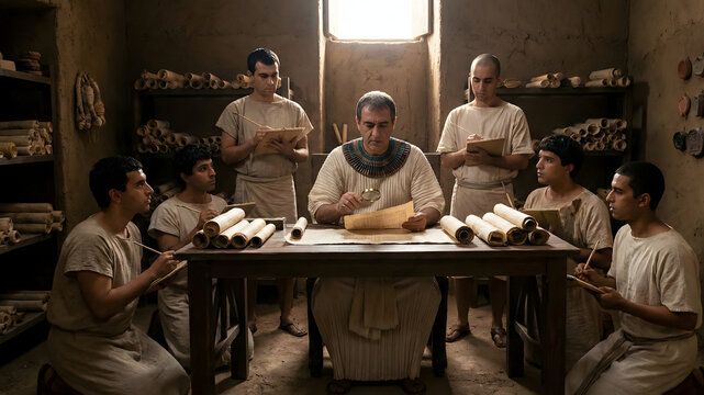 The Pharaoh's vizier inspecting tax records on papyrus scrolls in a grand office