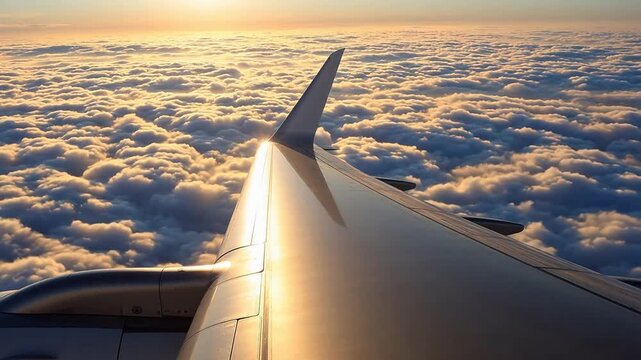 Airplane wing above clouds at sunset
