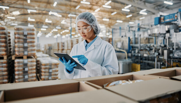 Food Factory Worker Inspecting Products on Tablet in Warehouse.