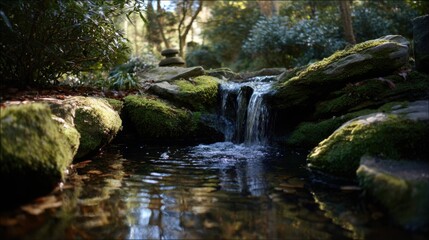 Fototapeta premium Tranquil miniature waterfall cascades over moss-covered rocks in a lush, serene garden setting