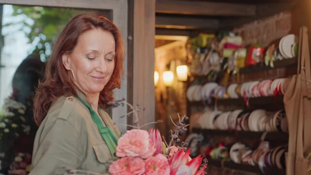 Florist woman smiling portrait inside shop. Soft backlight and closeup face, hoop earring catch light, natural makeup ribbon wall and floral inventory in background confident owner gaze, poised