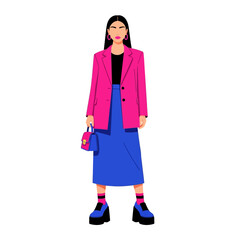 Colorful vector illustration of a stylish woman in a vibrant pink blazer and blue skirt, holding a handbag, standing confidently.