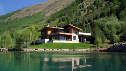 Obraz premium Nature beauty magic of rivers Spring Flowers Mountains and House