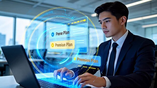Asian businessman in suit using laptop with holographic interface selecting subscription plans like Basic Premium Enterprise for SaaS cloud services digital transformation