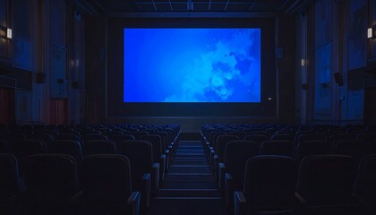 Fototapeta premium A darkened movie theater with a large blue screen