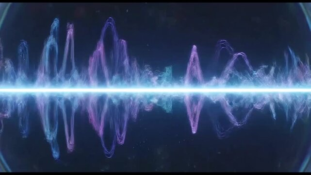 A vibrant sound wave visualization pulsating with dynamic energy and motion, captured from a frontal viewpoint in a digital environment
