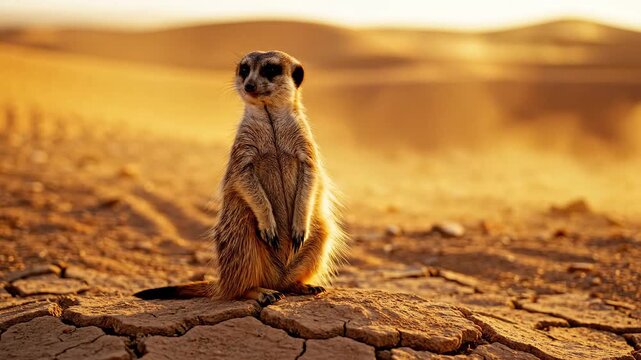 Curious Meerkat Stands Tall Scanning Desert Horizon