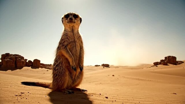Curious meerkat stands alert on hind legs in desert