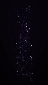 Violet nodes interconnect, forming digital patterns on black