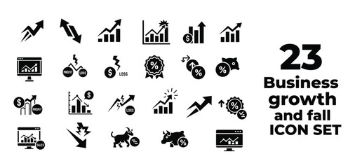 Fototapeta premium Business growth and fall outline icon set with rising graph declining chart and financial trend symbols