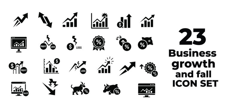 Business growth and fall outline icon set with rising graph declining chart and financial trend symbols