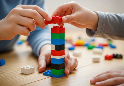 Kids Hands Building LEGO Tower