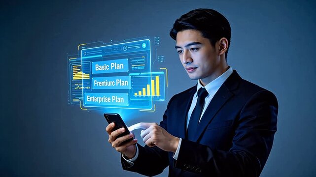 Asian businessman in suit using smartphone with futuristic holographic interface displaying subscription plans business analytics and digital data charts on dark blue background