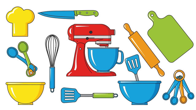 Colorful kitchen utensils and tools for baking and cooking illustrated