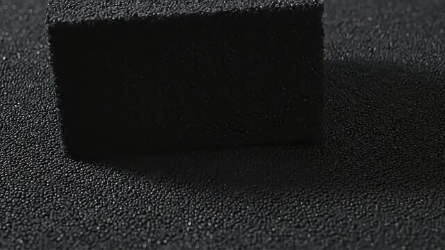 A black rectangular sponge on a dark textured surface viewed from a slightly elevated angle, captured in a still image