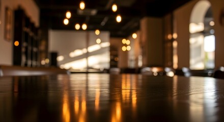 Fototapeta premium Blurred Cafe Interior: Warm ambient lighting reflecting on empty wooden table, restaurant background, hospitality atmosphere, modern dining room decor, breakfast and coffee shop concept