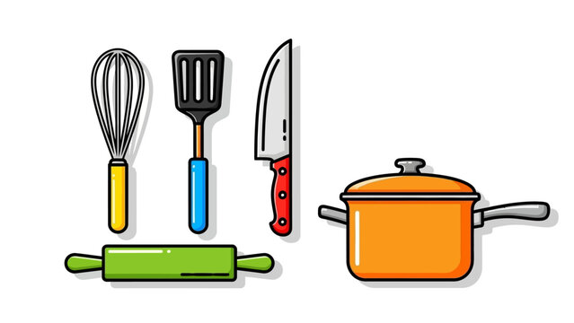 Kitchen utensils and cookware set with rolling pin, pot, knife, whisk and spatula