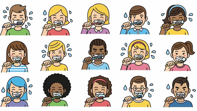 Diverse children brushing teeth with toothbrushes and toothpaste