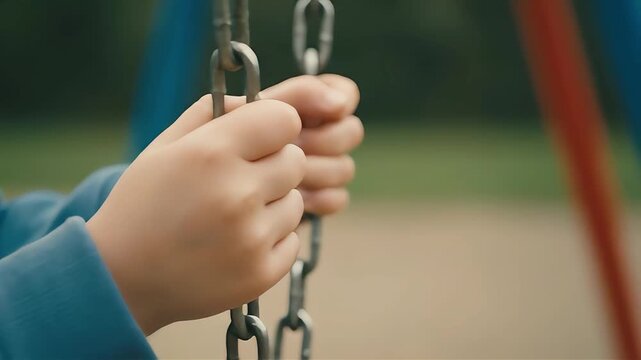 A child's hands grasping swing chains at a playground from a close-up viewpoint.