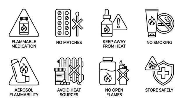 Flammable medication and heat source warnings, storage safety precautions line icons set