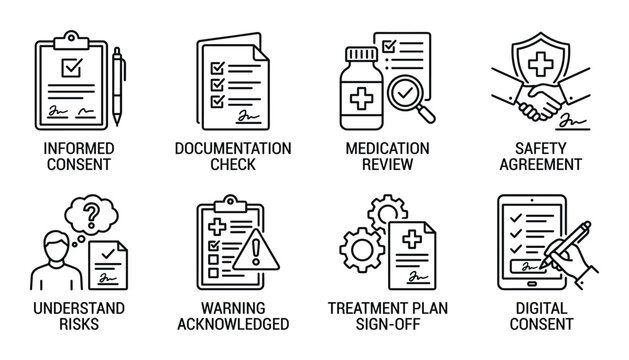 Healthcare icons for consent documentation medication review safety agreements risk understanding and treatment plan sign off informed consent