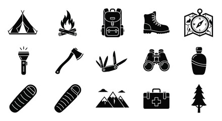 Camping equipment icons including a tent and hiking boots silhouette © ANISURRAHMAN