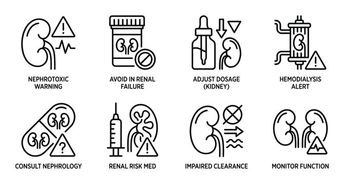 Kidney related health warnings and medical advice icons with clear labels and simple designs