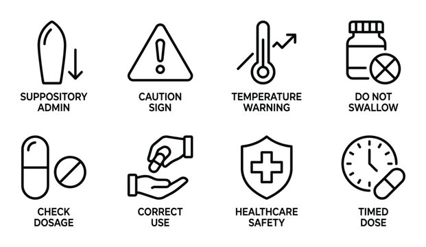 Medical administration icons on transparent background for suppositories, dosage, and timed doses