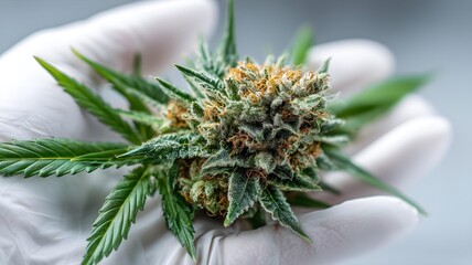 High-resolution macro photograph of a freshly harvested cannabis flower held with protective gloves, highlighting frosted trichomes, serrated green leaves, and detailed botanical structure in a clean,
