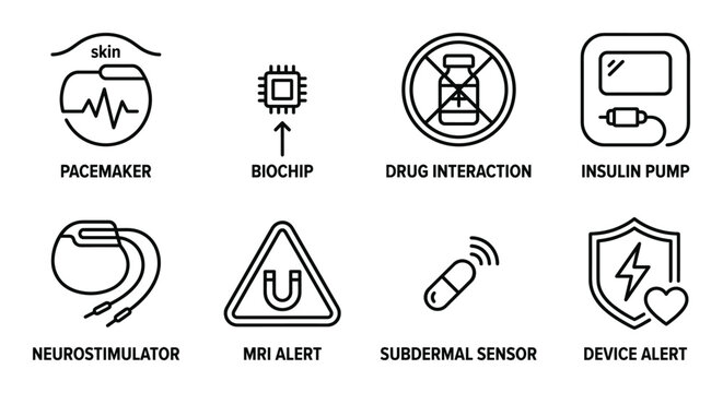 Medical devices and health alerts vector icon set, black thin line design for implanted technology