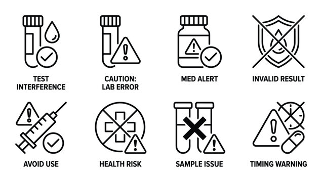 Medical alerts and error warnings icon set for test interference, lab errors, and invalid results