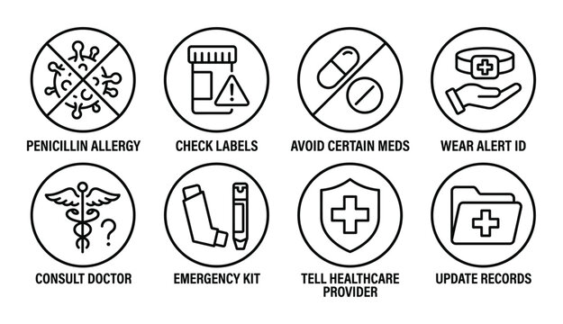 Medical icons related to allergies information emergency preparedness patient care and record keeping penicillin allergy
