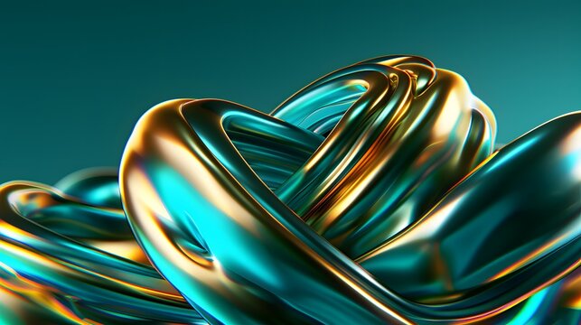Abstrakte goldene und t&uuml;rkisfarbene Metallwellen in dynamischer 3D Komposition