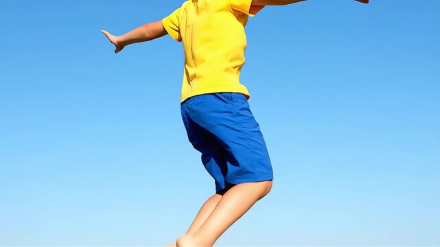 A young boy jumps in the air with outstretched arms against a clear blue sky in a video scene