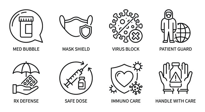 Medical protection and immunity vector icon set, black thin line design for health safety