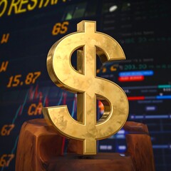 A large gold dollar sign on a wooden block with a stock market background