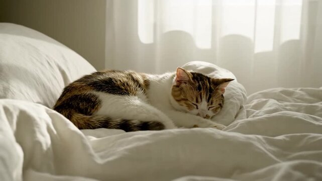 Calico Cat Napping Peacefully on a White Bed in a Sunlit Room.