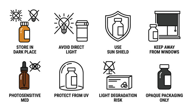 Medication storage light protection icons set dark place avoid direct light sun shield