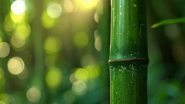 Vibrant green bamboo stalk bathed in golden sunlight with bokeh background