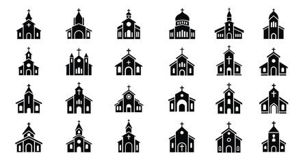 Collection of various church building designs in black silhouette © ANISURRAHMAN